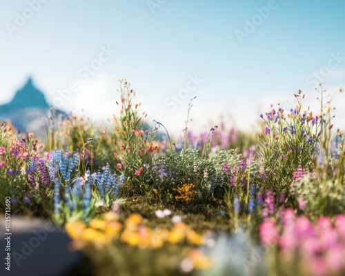 Vibrant wildflowers in a sunlit meadow under a clear blue sky