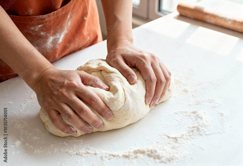Obraz premium Close-up of hands kneading dough on a white kitchen counter with flour. Homemade bread baking process. Culinary and traditional recipe concept