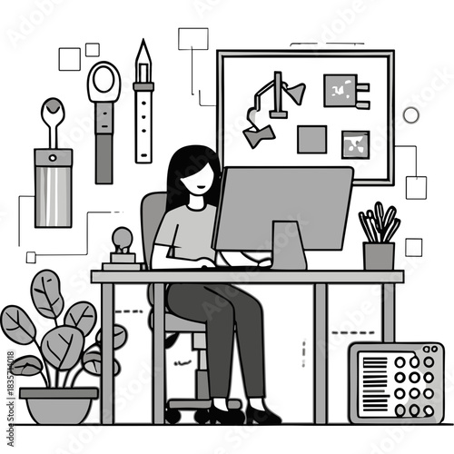 A person works at a computer in a monochromatic office setting with plants and tools displayed on shelves