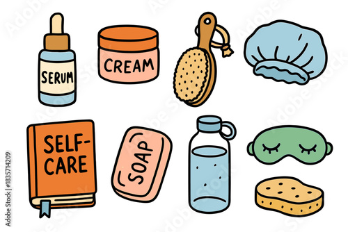 Self-care essentials: serum, cream, soap, brush, mask, journal, sponge, water bottle