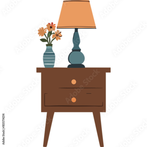 A quaint bedside table featuring a vibrant orange lampshade and a vase with delicate orange flowers providing a warm ambiance.