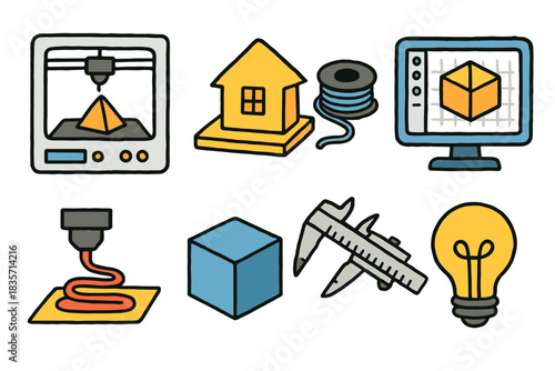 3d printing icons: printer, house, filament, monitor, cube, caliper, lightbulb