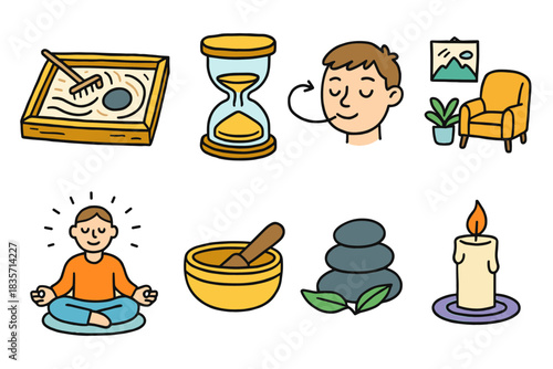 Mindfulness icons: meditation, relaxation, and zen elements for stress relief