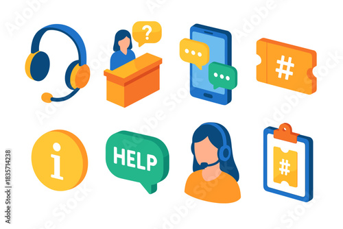 Customer service icons set featuring support desk and communication tools