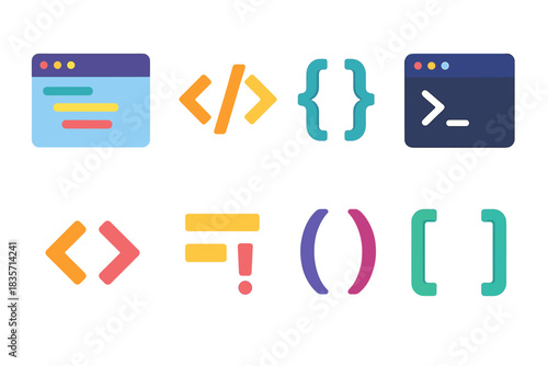 Colorful coding icons set: brackets, tags, terminal, and syntax symbols