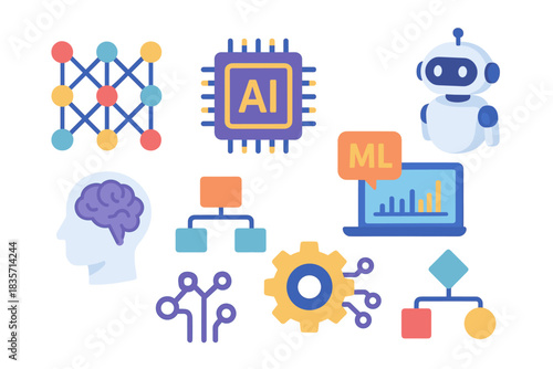 Illustration of ai concepts with robot, neural network, and brain diagram