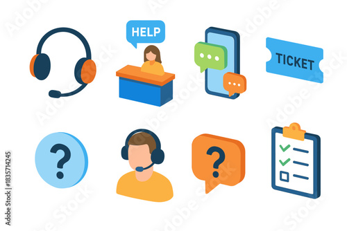 Customer support icons set featuring headset, help desk, chat, and faq elements