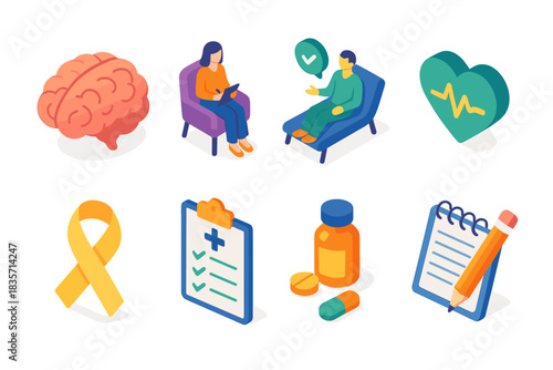 Mental health consultation and healthcare elements with isometric icons