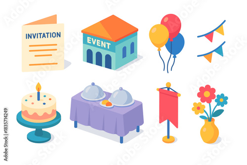 Colorful party and event elements: cake, invitation, balloons, flowers, decor