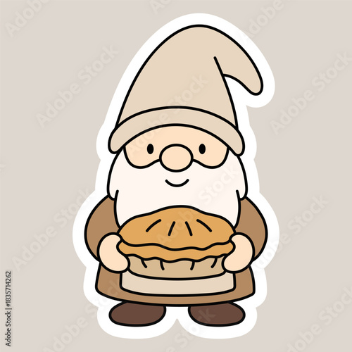 Adorable gnome holding a warm pie. Perfect for bakery labels, recipe cards, and stickers.