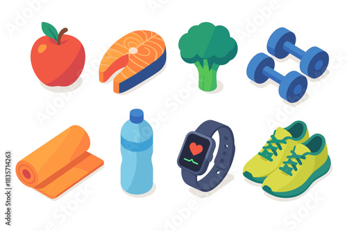 Healthy lifestyle icons: apple, salmon, broccoli, dumbbells, yoga mat, water, smartwatch, sneakers