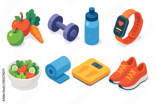 Healthy lifestyle essentials: fitness equipment, fresh food, and wellness accessories