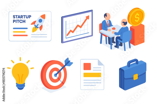 Business startup meeting with charts, lightbulb, target, document, and briefcase graphics