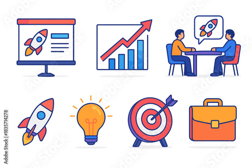 Business strategy meeting with growth chart and creative icons