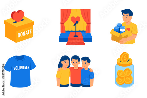 Volunteer efforts: donation box, stage, volunteers, coins, charity work, community support