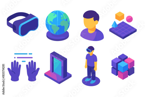 Virtual reality elements: headset, globe, avatar, and interactive interface icons
