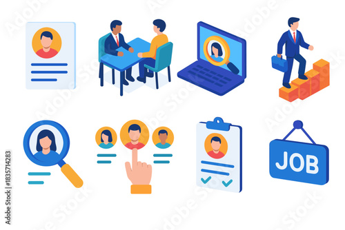 Job recruitment illustrations: interviews, resumes, career, laptop, magnifying glass