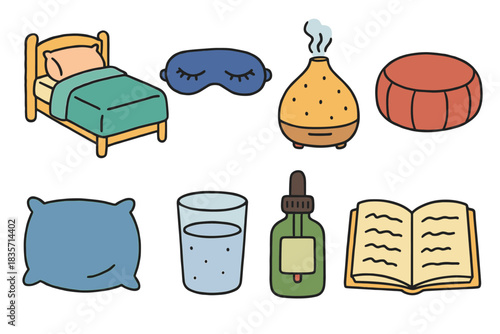 Bedroom essentials for sleep enhancement with aromatherapy diffuser and sleep mask