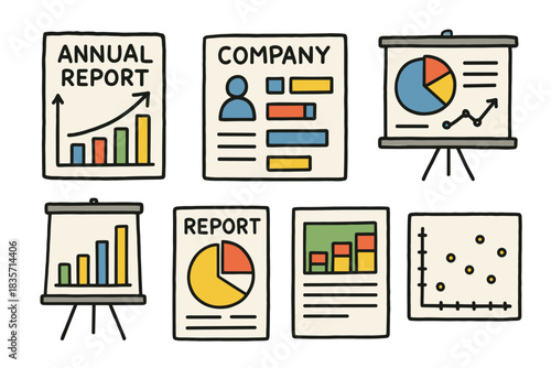 Hand-drawn business infographics: annual report charts and graphs