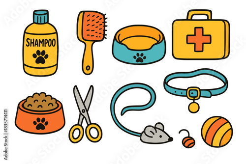 Colorful pet accessories collection with bowls, toys, and grooming items