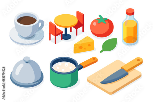 Isometric kitchen items: coffee, table, tomato, cheese, oil, dome, pot, knife, board