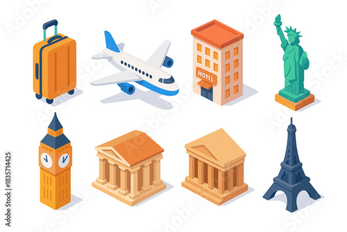Isometric travel icons: luggage, airplane, hotels, iconic landmarks in colorful design
