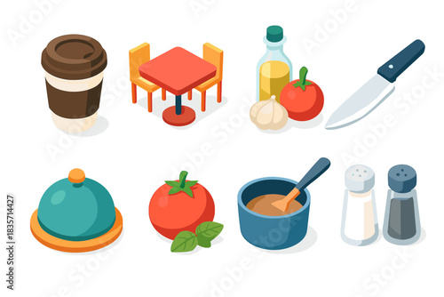 Isometric food and dining icons - coffee, table, ingredients, knife, condiments