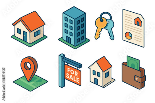 Real estate icons: house, building, keys, contract, location, for sale, wallet