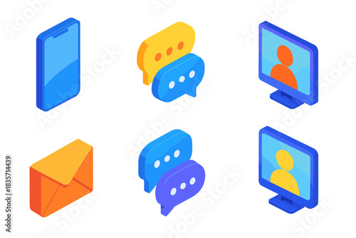 Isometric communication icons - smartphone, message bubbles, email, video call