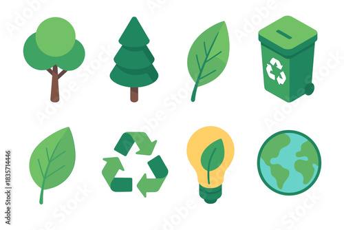 Eco-friendly icons: trees, leaves, recycling bin, lightbulb, earth