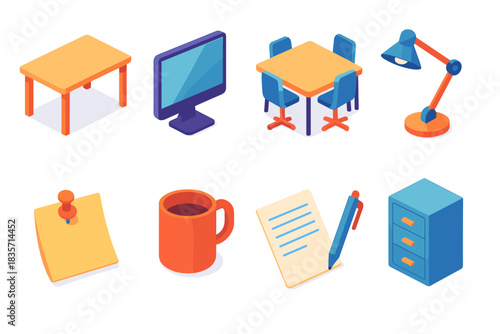 Isometric office supplies and furniture icons set: desk, computer, lamp, cup, notepad
