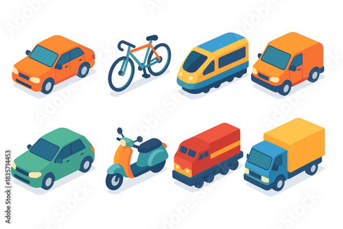 Isometric vehicles icons: car, bicycle, train, scooter, van, truck collection