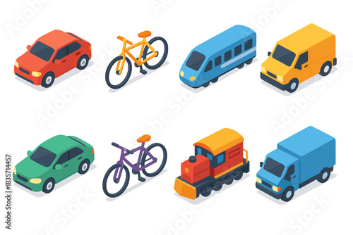 Isometric illustrations of various transportation modes: cars, bicycles, train, bus, van, truck