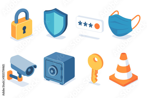 Security and safety icons: lock, shield, mask, camera, safe, key, cone