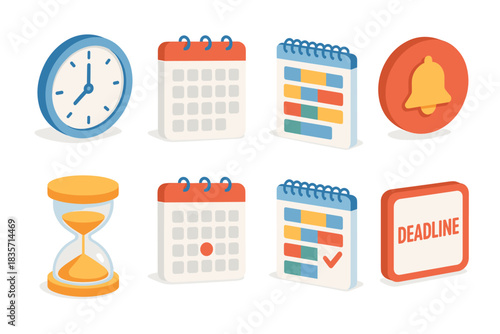 Time management icons: clock, calendar, reminder, hourglass, deadline