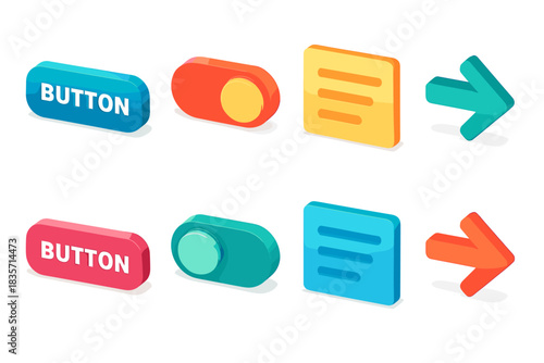 Set of colorful 3d buttons and icons with arrows and toggles