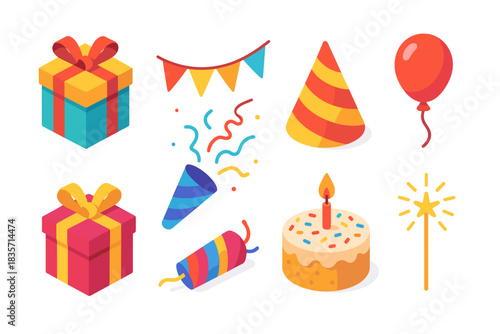 Colorful birthday celebration elements featuring gifts, cake, and decorations