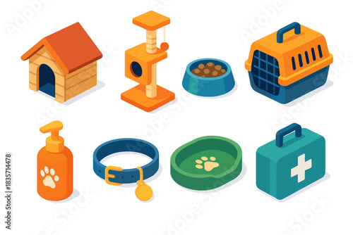 Isometric pet supplies: kennel, scratching post, carrier, and essential accessories