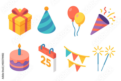 Colorful birthday celebration icons with cake, balloons, and gifts