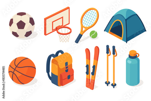 Collection of outdoor sports and camping equipment in vibrant colors