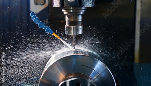 metalworking machine precisely cuts a cylindrical metal workpiece spraying coolant
