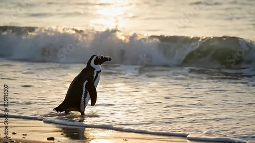 African penguin walking at sunset on a sandy beach close to the ocean wave slow motion, close up