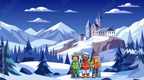 Castle, snow, mountains, trees, ice, snowboard, skiers, friends, hats, ski suits, skis, glasses, vector graphics, New Year, sports, Christmas, recreation, clouds, sky