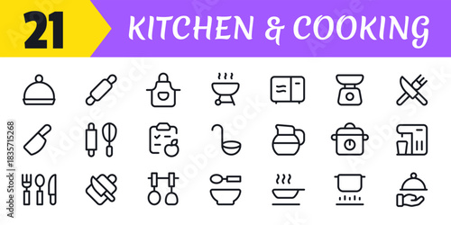 Restaurant Food icon set, sign and symbol,  Fork, spoon, knife, plate, chef hat, and cloche or tray icon Vector illustration.	