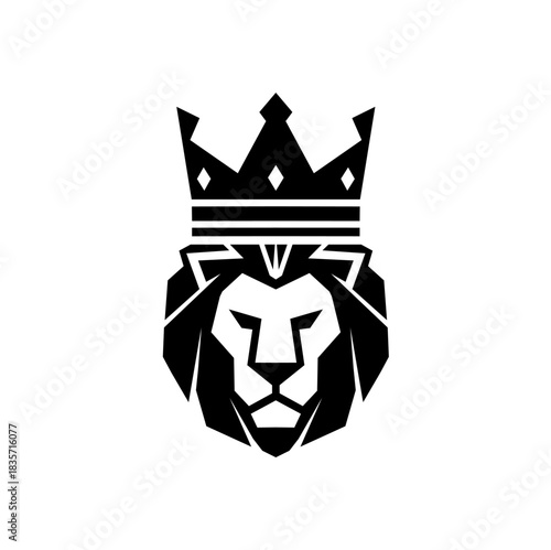 Black and white graphic of a lion's head wearing a crown, depicted in a stylized, minimalist design.