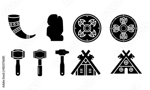 Black and white vector illustration of Viking symbols including horn, rock, shields, hammers, and houses.