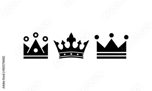 Three distinct crown icons displayed in a row, each with a unique design and black fill against a white background.