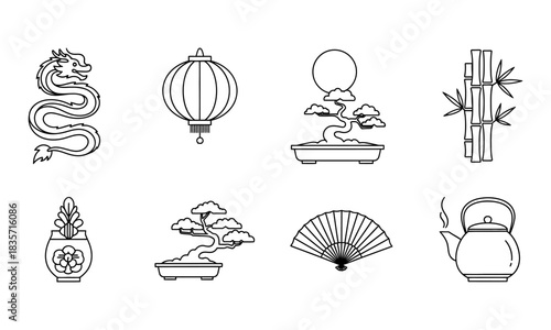 Collection of eight outlined illustrations depicting Asian-inspired elements: dragon, lantern, bonsai trees, bamboo, vase, fan, and teapot.