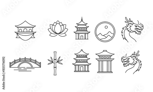 A collection of ten line art icons depicting East Asian cultural elements, including pagodas, a lotus flower, a bridge, bamboo, and dragons.