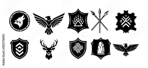 Collection of ten black and white heraldic crests and emblems featuring animals, symbols, and geometric shapes.
